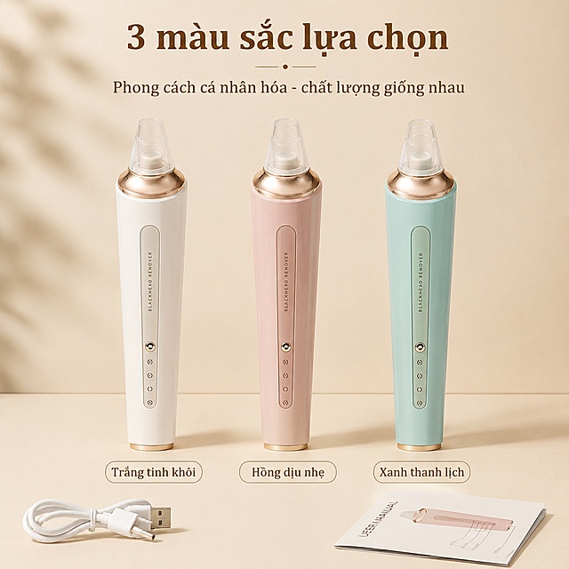 Amazon SKU color selection main image for blackhead remover. Soft warm beige background, elegant and clean. Three blackhead remover devices standing side by side in center, each in a different color: white on left, pink in middle, mint green/light blue on right. All three devices have identical shape and structure as the input product image: tapered body, rose gold ring at top, transparent suction tip, control panel with button on front. Only the body color differs. Below each device, Vietnamese color label: white device labeled "Trắng tinh khôi", pink device labeled "Hồng dịu nhẹ", blue-green device labeled "Xanh thanh lịch". Vietnamese title at top: "3 màu sắc lựa chọn", subtitle: "Phong cách cá nhân hóa - chất lượng giống nhau". Small USB charging cable and user manual icon at bottom corners, indicating package includes charging cable. Commercial product photography, even studio lighting, soft contact shadows, products sharp and detailed. Balanced composition, three products evenly spaced. 1:1 square ratio. Negative: deformed products, color mismatch, Chinese text, watermark, platform logo, messy props.