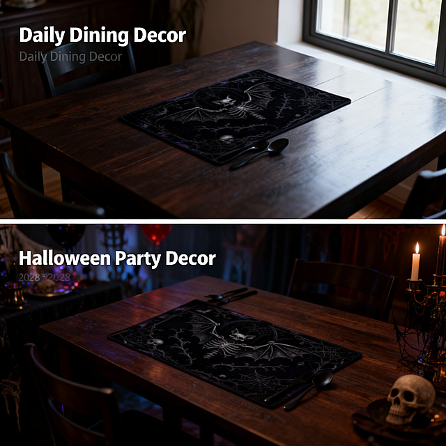 [Main Image 4] Multiple usage scenarios display of gothic bat skeleton placemat.
[Atmosphere Style] Intuitive substitution, highlight multi-scenario adaptability.
[Image Quality] Clear composition, soft light, high definition.
[Elements] The screen is divided into two upper and lower grids, the upper grid shows the placemat used in the dark dining room dining scene, the lower grid shows the placemat used in the gothic style party dining scene. In each scenario, the placemat pattern and color are completely consistent with the input image, maintaining product consistency. The composition is balanced, each scenario is independent and clearly distinguishable.
[Light and Shadow] The light of each grid is uniform and soft, consistent with the atmosphere of the scene, and the overall light direction is unified.
[Color Matching] Dark style overall tone, consistent product color, coordinated picture contrast.
[Perspective Composition] Grid composition, each scenario uses a 45-degree perspective, which is intuitively clear.
[Text Layout] Each grid is labeled with corresponding scene description: Daily Dining Decor at the upper left of the upper grid, Halloween Party Decor at the upper left of the lower grid. The text is clear and does not block the product.
[Proportion Resolution] 1:1 proportion, 2048 * 2048 resolution, 4k ultra clear.
[Negative Prompt] Deformation, text confusion, blurred product image, cluttered background, watermark, platform logo, Chinese characters