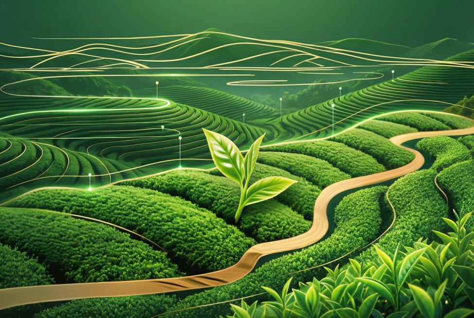 将参考图改为绿色系的横版大背景图，茶园背景再丰富些。不要黑色预览效果