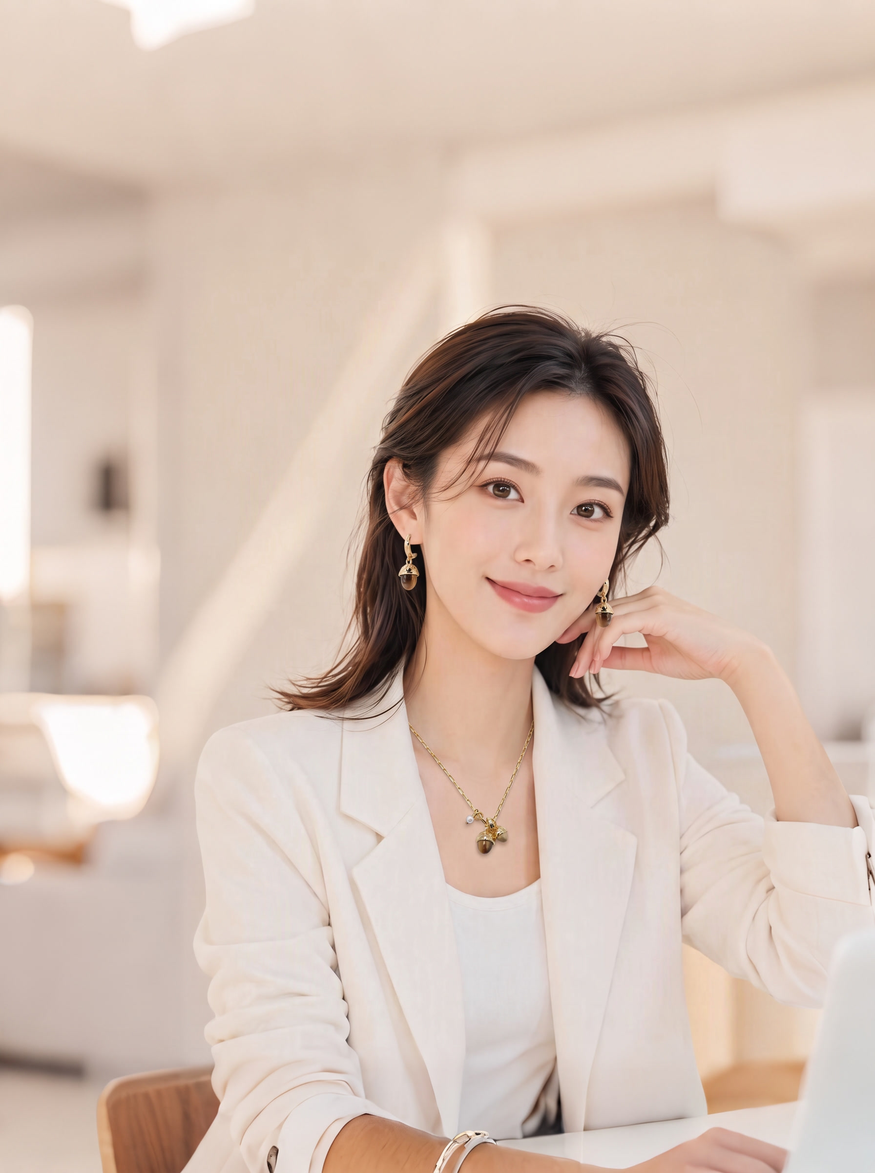 在第一张模特图的脖子上添加一条项链，项链样式完全按照第二张参考… - 图片创意预览