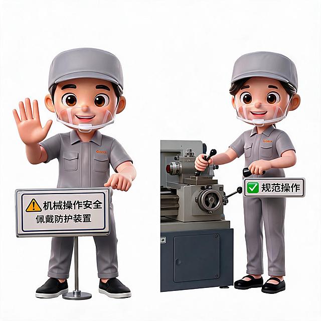 保留这两个3D卡通人物的主体特征不变，更换新的姿势适配机械操作安全宣传场景，纯白色背景，4K高清，安全宣传海报