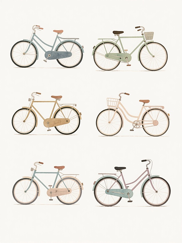6款不同款式的自行车，水彩风格插画，柔和的色彩过渡，白色背景，排列整齐，每辆自行车细节丰富，线条流畅，带有手绘质感，整体画面清新自然，构图平衡，视觉层次分明。