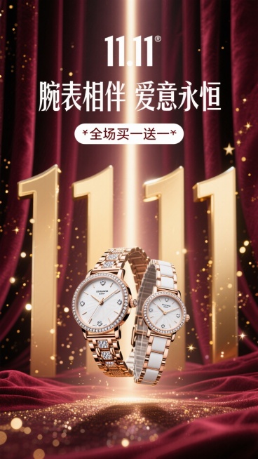 海报采用深邃的勃艮第酒红色背景，犹如天鹅绒幕布。画面中央，一道光束打下，聚焦于一对优雅交叉的男女款奢华腕表。表盘上的钻石与金属细节在光线下熠熠生辉，仿佛悬浮于璀璨星河之中。背景中若隐若现的金色光斑，如预览效果