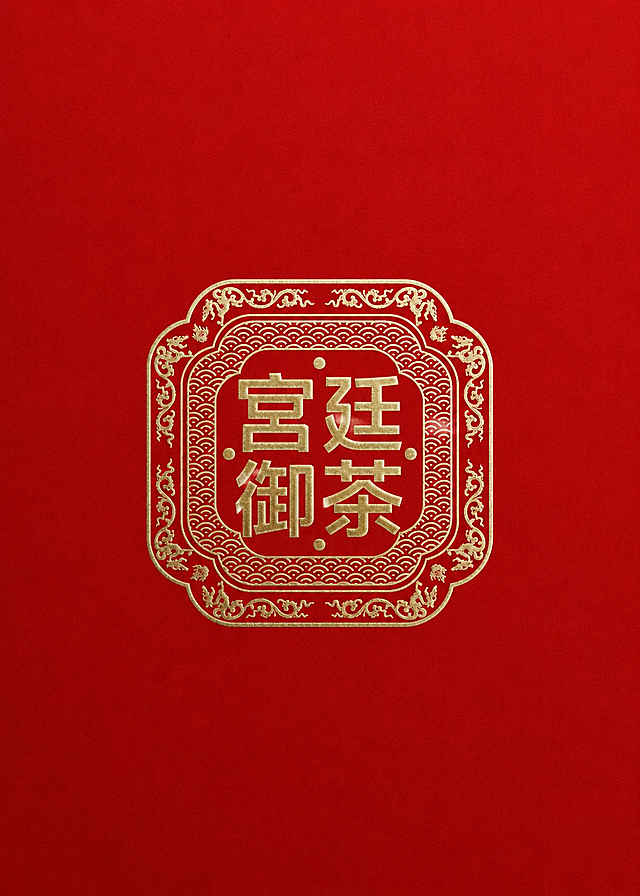 参考原图风格，重新生成红色背景，带有烫金中式纹样边框和文字"宫廷御茶"的标识图案，保留原图的中国风设计风格和烫金纹理质感