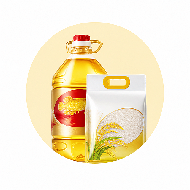 电商粮油调味分类图标，100*100尺寸，包含金龙鱼食用油和大米图案，浅黄色圆形背景，保持和参考图一致的设计风格，不要大改动