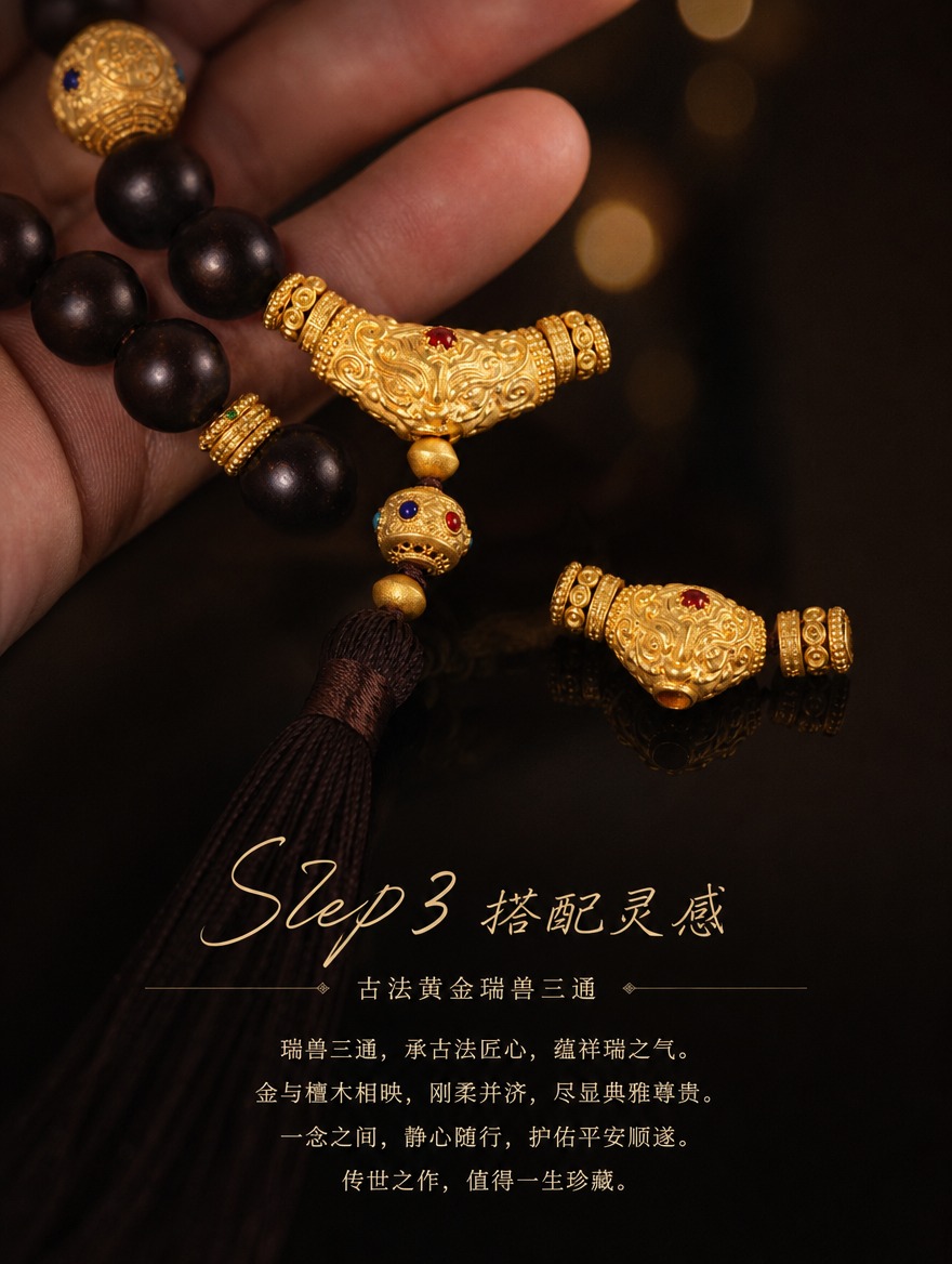 古法黄金瑞兽三通细节展示Step3搭配灵感页，背景换成与Ste… - 图片创意预览