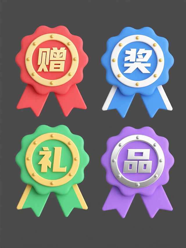 系列4个徽章图标集合，每个徽章均为相同的波浪形边缘轮廓，内部圆形区域带有金色圆点装饰边框，底部连接两条对称飘带，整体采用扁平化3D风格，线条平滑无纹理，纯色背景；第一个徽章为红色底金色"赠"字，第二个为蓝色底白色"奖"字，第三个为绿色底黄色"礼"字，第四个为紫色底银色"品"字，四个徽章呈2x2网格规整排布，色彩鲜明对比，视觉层级清晰，信息传达直接。