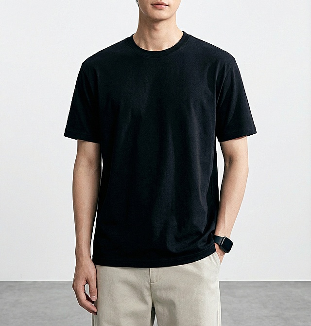 服装贴合：将白底图穿到模特身上。衣服完全贴合模特身形，无违和感，保留白底图衣服原有版型 
场景：灰色地面与白色背景，光线自然，背景简洁
画质要求：写实，8k，高细节，对焦清晰，光线自然，无变形