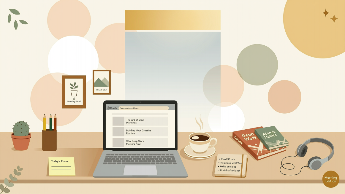A serene morning workspace with warm sunlight streaming through window, minimalist desk with laptop预览效果