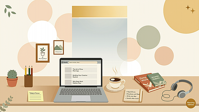 A serene morning workspace with warm sunlight streaming through window, minimalist desk with laptop and coffee cup, soft bokeh background, warm earth tones, flat illustration style, clean composition for article header