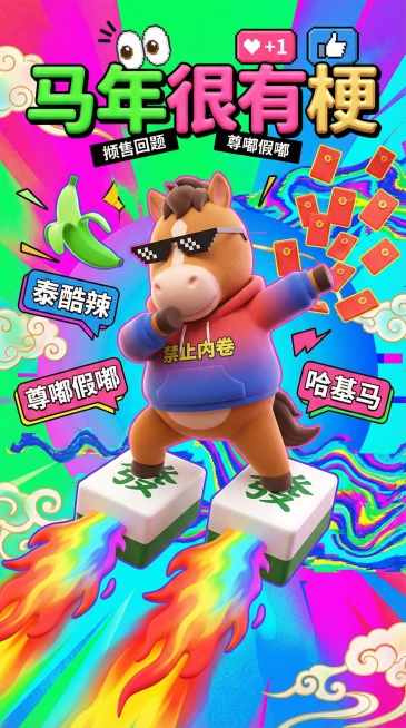 新潮国风3D波普插画，趣味创意海报，风格定位为赛博朋克与Q版盲盒的跨界融合，画面视角采用极具张力的鱼眼镜头大特写，构图呈现中心放射状的爆炸式视觉效果，主体是一只拟人化的显眼包网红马，造型夸张圆润，材质预览效果