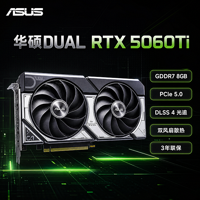 [主图1-华硕RTX 5060Ti 电商首图] 居中展示华硕DUAL RTX 5060Ti独立显卡，保持显卡外观结构、银黑配色、风扇设计与参考包装盒图一致，杜绝任何变形色差。背景为暗黑色渐变科技风，搭配微弱绿色发光线条和数据网格，营造电竞氛围感。商品主体占画面约60%，左上角放置提取的华硕ASUS品牌Logo，不遮挡主体。左上大字体主标题写"华硕DUAL RTX 5060Ti"，银绿色粗体无衬线，对比清晰。右侧分组排列五个卖点胶囊标签：「GDDR7 8GB」「PCIe 5.0」「DLSS 4 光追」「双风扇散热」「3年联保」，白色文字配半透明深灰胶囊底，绿色描边。整体构图饱满层次稳定，商业摄影科技质感，冷光高对比，边缘高光金属反射，超高清4K分辨率，文字清晰可读。负向提示词：变形，水印，文字错乱，产品模糊，背景杂乱。