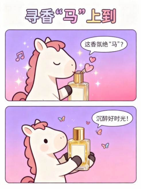 整体风格：淡紫 + 粉红色渐变底色。
主标题艺术字：寻香“马”上到

第一格：一只卡通小马闭着眼，鼻子凑近一瓶打开的香水，周围飘浮着闪闪发光的香氛符号和爱心，气泡文案：“这香氛绝‘马’？”

第二格：预览效果