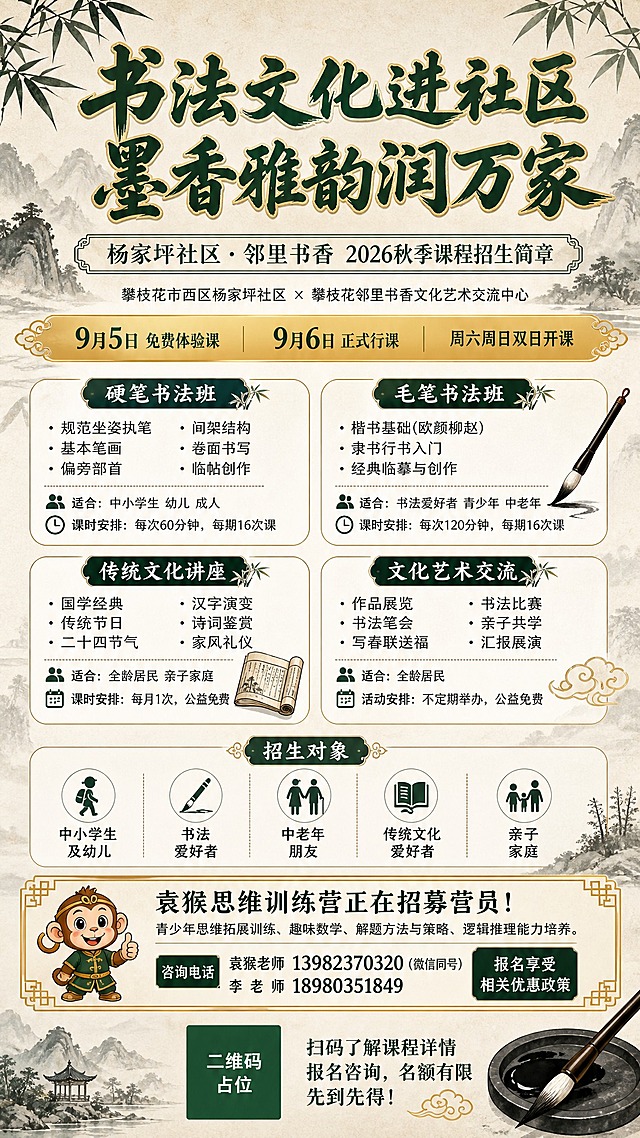 中式国学风竖版课程招生海报，9:16比例，宣纸米黄色背景，水墨山水淡墨晕染，竹叶、毛笔、祥云纹装饰元素，墨绿+金色点缀配色，整体典雅大气有书香气息。

顶部主标题区：超大书法字体主标题"书法文化进社区 墨香雅韵润万家"，墨绿粗体带金色描边，下方副标题"杨家坪社区·邻里书香 2026秋季课程招生简章"，再下方共建单位小字"攀枝花市西区杨家坪社区 × 攀枝花邻里书香文化艺术交流中心"。

时间亮点条：金色渐变横幅，三个并列标签"9月5日 免费体验课""9月6日 正式行课""周六周日双日开课"，数字精确渲染。

中部课程内容区：四个圆角白底信息卡片分区，墨绿标题栏：
1. 硬笔书法班：规范坐姿执笔、基本笔画、偏旁部首、间架结构、卷面书写、临帖创作；适合中小学生幼儿成人；每次60分钟，每期16次课
2. 毛笔书法班：楷书基础(欧颜柳赵)、隶书行书入门、经典临摹与创作；适合书法爱好者青少年中老年；每次120分钟，每期16次课
3. 传统文化讲座：国学经典、传统节日、二十四节气、汉字演变、诗词鉴赏、家风礼仪；全龄居民亲子家庭；每月1次，公益免费
4. 文化艺术交流：作品展览、书法笔会、写春联送福、书法比赛、亲子共学、汇报展演；全龄居民；不定期举办，公益免费

招生对象区：标题"招生对象"，五条带图标列表：中小学生及幼儿、书法爱好者、中老年朋友、传统文化爱好者、亲子家庭。

底部袁猴思维训练营招募区：金色边框突出卡片，标题"袁猴思维训练营正在招募营员！"，内容：青少年思维拓展训练、趣味数学、解题方法与策略、逻辑推理能力培养。咨询电话：袁猴老师"13982370320"(微信同号)、李老师"18980351849"，报名享受相关优惠政策。

最底部：二维码占位符（纯色方块中央标注"二维码占位"文字）+ 报名咨询引导语。

版式精美，信息分区清晰，层级分明，四周留安全边距，所有文字清晰可读。画面中所有信息区域、课程卡片、列表项必须填充完整合理内容，不得出现空白框、空白占位、空列表项、空单元格。画面中所有数字必须精确渲染，不得错位、遗漏或编造。画面中所有二维码区域使用纯色方块占位符呈现，方块中央标注"二维码占位"文字，严禁生成任何可识别的二维码图案。