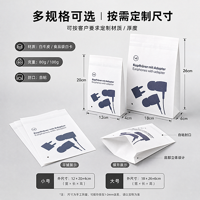 电商主图，比例1:1，规格参数说明，展示袋子平铺和撑开对比，标注长宽高尺寸，标注材质为白牛皮/食品级白卡，标注克重如80g/100g，标注封口方式为自粘，展示1-2个不同尺寸袋子对比体现多规格可选。主文案：多规格可选 | 按需定制尺寸，小字：可按客户要求定制材质 / 厚度，整体清晰直观，专业电商参数展示风格