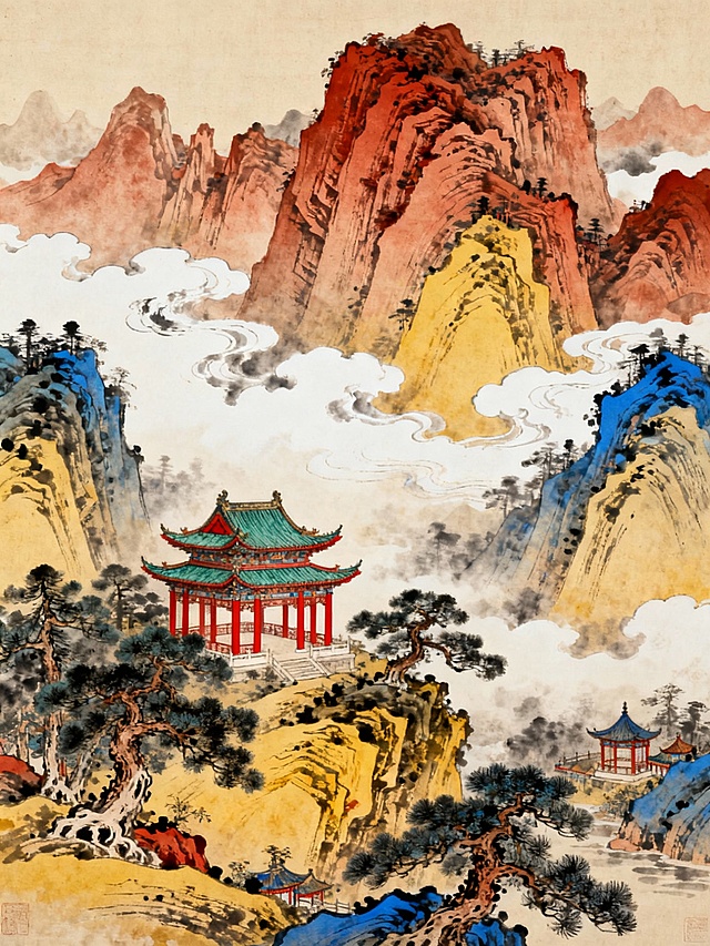中国传统工笔重彩风格山水画卷，以赭石、朱砂、藤黄、石青为主色调，层叠山峦以渐变色彩渲染出深远空间感，云雾以留白和淡墨晕染表现轻盈飘逸之态。画面中央偏左矗立重檐歇山顶阁楼，朱红廊柱与青绿瓦顶相映，周围点缀形态遒劲的苍松，山间散落古朴亭台。整体构图采用散点透视，线条流畅细腻，山石肌理以斧劈皴法勾勒，兼具装饰性与写意韵味，呈现出典雅庄重、意境悠远的东方美学意境。