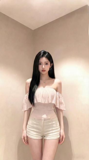 将图一图二的浅粉色露肩上衣和米白色短裤穿搭换到图三人物身上，仅换穿搭，调整人物为模特身材，腰细，身材比例优越，呈现半身画面，人物不拿包包，双手自然下垂，脖子佩戴精致项链，画面真实自然预览效果