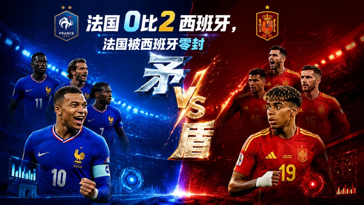 将图片比例改为16:9，修改文案为“法国0比2西班牙，法国被西班牙零封”，保持原图的足球对决风格和两队球员画面不变预览效果