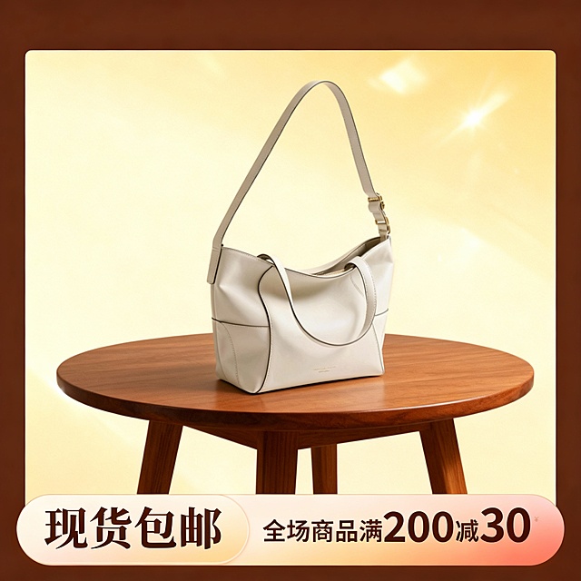 米白软质托特包、温润木质圆桌与暖黄柔光背景交融，搭配细腻光斑、棕黄边框，营造出温柔雅致又治愈的氛围，尽显包包的松弛质感。