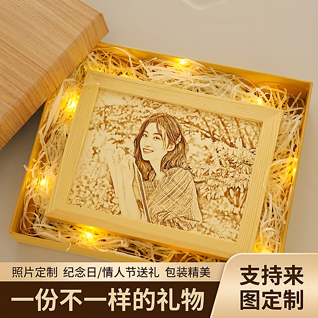 [主图 5] 微雕画礼盒包装与送礼场景展示。
[氛围风格] 精致送礼温馨氛围感
[画质] 商业摄影质感、光线柔和通透、产品清晰真实、画面干净高级。
[元素] 打开的礼盒中，木刻微雕画放置在拉菲草上，周围搭配串灯装饰，展示完整送礼包装，保留产品外观与输入原图一致，呈现出精致礼物的状态。商品主体占比70%，画面满屏无边框。
[光影] 整体暖调光线，礼盒内串灯点缀出温馨光斑，包装和产品光影清晰，氛围温馨浪漫适合送礼。
[配色] 原木色+暖黄色拉菲草，暖金色串灯，整体暖调浪漫温馨。
[视角构图] 俯视打开礼盒，产品居中，完整展示包装内容。
[文字版式] 底部左对齐，大字文案「一份不一样的礼物」深棕色粗体，上方分行标注：「照片定制 纪念日/情人节送礼 包装精美」小号字，右侧标注「支持来图定制」浅棕底深字标签，文字不遮挡产品，清晰易读。
[比例分辨率] 1:1 比例，2k 分辨率，文字清晰锐利，超高清。
[负向提示词] 变形，水印，文字错乱，产品模糊，背景杂乱，颜色刺眼，遮挡主体。