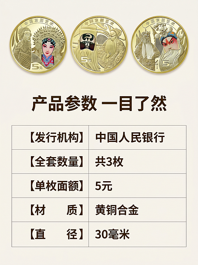 [详情图3] 三枚纪念币规格参数介绍；[氛围风格] 专业清晰，易读可信；[画质] 高清质感，文字清晰；[元素] 上方三枚纪念币缩小并排展示，保持外观不变，下方用清晰表格罗列规格参数，背景干净浅米色；[光影] 均匀柔光，文字清晰不反光；[配色] 浅底深色文字，对比清晰；[文字版式] 顶部标题 "产品参数 一目了然" 深棕色粗体，表格内清晰列出：【发行机构】中国人民银行、【全套数量】共3枚、【单枚面额】5元、【材质】黄铜合金、【直径】30毫米，表格线细浅灰色，文字左对齐清晰；[比例分辨率] 3:4比例，2k分辨率；[负向提示词] 文字错乱，信息错误，排版拥挤，变形，水印