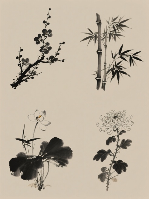 一幅古香古色的水墨风格植物系列素材集合，以四个完全不同种类的植物——梅花、兰花、竹子、菊花为主题，它们被规整地排布在纯色背景上。画面整体色彩进行了变换，保留了水墨的韵味和笔触质感，包括墨色的浓淡干湿变化，以及植物枝叶的形态结构和细节特征。整个设计具有清晰的视觉层级，植物元素作为主体被突出，背景简洁，使得画面在短时间内能够清晰传达核心信息，符合古香古色的审美和素材集合的展示目的。预览效果