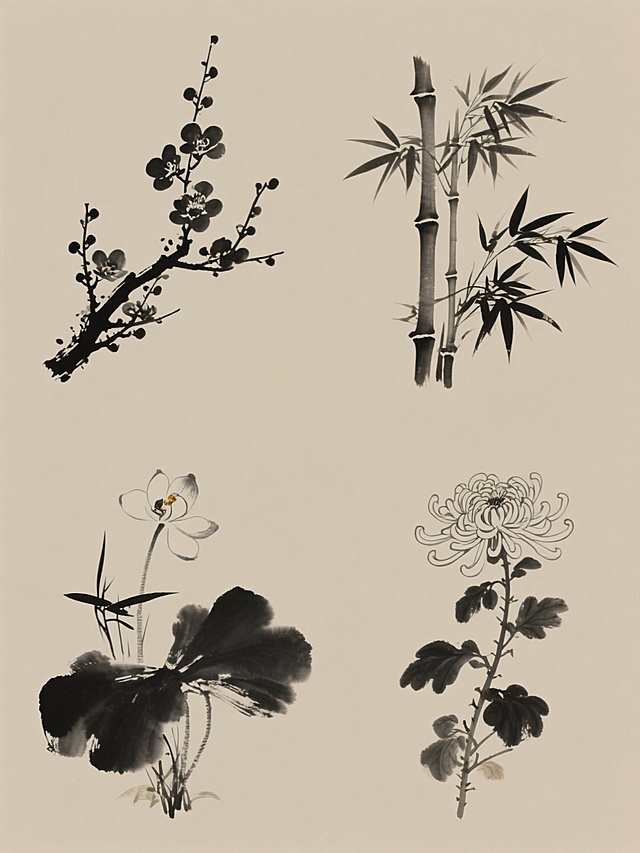 一幅古香古色的水墨风格植物系列素材集合，以四个完全不同种类的植物——梅花、兰花、竹子、菊花为主题，它们被规整地排布在纯色背景上。画面整体色彩进行了变换，保留了水墨的韵味和笔触质感，包括墨色的浓淡干湿变化，以及植物枝叶的形态结构和细节特征。整个设计具有清晰的视觉层级，植物元素作为主体被突出，背景简洁，使得画面在短时间内能够清晰传达核心信息，符合古香古色的审美和素材集合的展示目的。