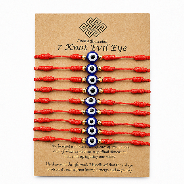 [Main image-1] Indian Raksha Bandhan evil eye red rope bracelet set cover. Traditional Indian ethnic style, simple and high-end business photography. Commercial photography texture, soft and transparent light, clear and real product, clean and advanced picture. The Rakhi bracelet set is centered on the white background, the product occupies 85% of the picture, the product is red woven rope with blue evil eye beads and gold small beads, the product packaging card is retained. Keep the product appearance (physical structure, material texture, color) absolutely consistent with the input product image, eliminate any deformation and color difference, fine processing. Soft top light, outline the product outline, highlight the texture of the rope and the luster of the evil eye beads, no harsh shadow. Mainly pure white background, red rope and blue evil eye beads collide to increase layering. Top flat view, product centered, full screen no border. No additional marketing text, keep the original product text clear, all text is English. 1:1 ratio, 2048 * 2048 resolution, 4k, super HD, clear text. Negative prompt: Deformed, messy text, blurred product image, messy background, watermark, e-commerce platform Logo, Chinese characters.