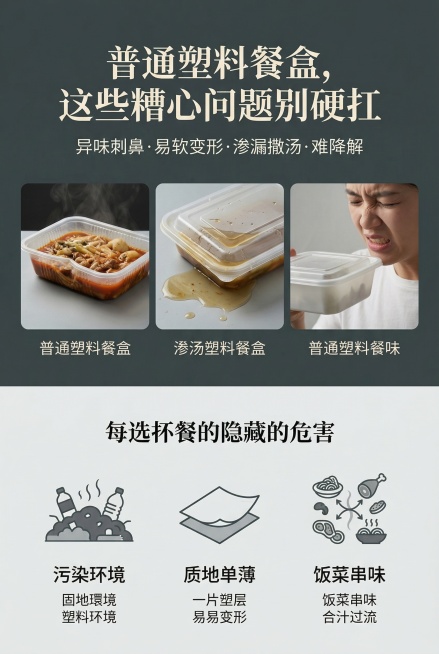 电商详情痛点页，清爽对比杂志风，深浅灰柔和配色。主标题亮眼吸睛"普通塑料餐盒，这些糟心问题别硬扛"，副标题"异味刺鼻·易软变形·渗漏撒汤·难降解"；上下分栏布局，上半部分实拍劣质餐盒短板：装热饭塌陷、预览效果