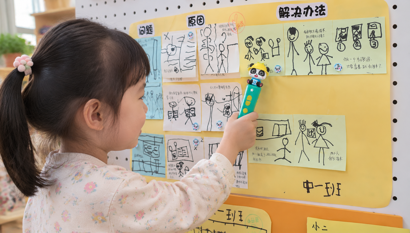 幼儿园教室内场景，一面白色洞洞板墙上贴着黄色大卡纸和儿童手绘便… - 图片创意预览