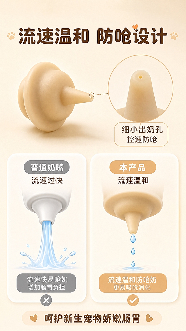 [详情图-2] 宠物硅胶奶嘴详情页，核心任务是展示防呛奶+流速温和的功能卖点，竖版9:16比例。
[统一基调] 淘宝/天猫详情页风格，整体干净明亮，温馨亲和；背景为浅米色渐变，搭配奶白色圆角卡片与浅棕色圆润图标，字体使用圆润饱满的圆体字，标题字色深棕色，辅助文字暖灰色，强调色奶杏色。
[画面] 竖版构图，上半部分左侧放置1个宠物硅胶奶嘴产品大图，奶嘴头朝右，能清晰看到锥形奶嘴头的形状；右侧用一个圆形放大图展示奶嘴头的出奶孔细节，用细引线连接标注。下半部分用左右两个圆角卡片对比展示：左侧普通奶嘴流速快易呛的示意图（用抽象水流表示），右侧本产品流速温和防呛的示意图（用缓慢水滴表示）。底部有一行总结文字。
[光影质感] 商业摄影柔光质感，产品光线均匀明亮，硅胶材质温润哑光，细节清晰，整体画面干净通透。
[配色] 主背景浅米色渐变，卡片奶白色，标题深棕色，辅助文字暖灰色，图标浅棕色，水流/水滴用浅蓝色表示。
[文字版式] 顶部大标题：流速温和 防呛设计。上半部分引线标注：细小出奶孔 控速防呛。下半部分左卡片标题：普通奶嘴 流速过快；右卡片标题：本产品 流速温和。底部总结：呵护新生宠物娇嫩肠胃。字体均为圆润圆体，主标题最大最粗，其余文字按层级缩小。
[输出要求] 比例9:16，高清竖版，产品清晰不变形，文字简洁明了。负向：变形、色差、模糊、文字过多、错字、水印、平台Logo。