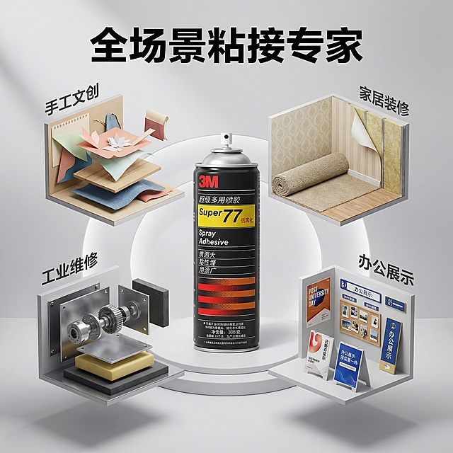 淘宝主图，3M77喷罐置于画面中央，周围用环绕式场景图展示手工文创、家居装修、工业维修、办公展示的应用场景，每个场景配悬浮文字说明，上方标注“全场景粘接专家”，背景为浅灰色渐变，营造立体沉浸感