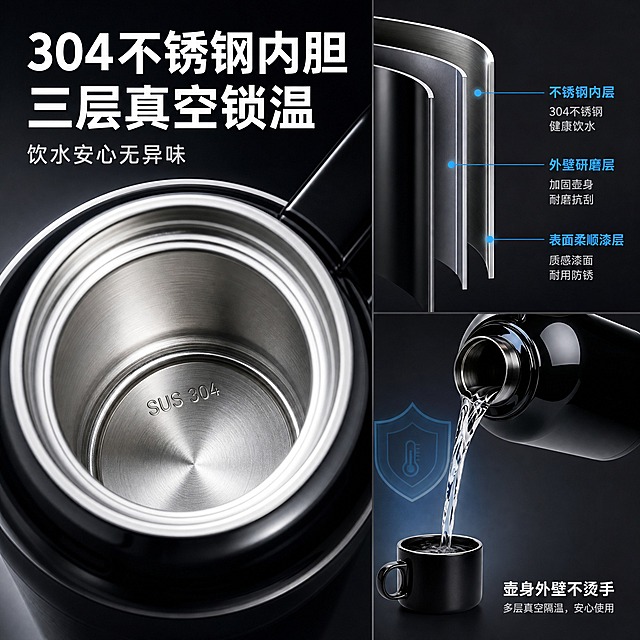 [主图-3] 产品证据：材质与结构细节，展示304不锈钢内胆和三层真空锁温结构。
[统一基调] 深色科技高级感风格，背景为深灰渐变；主标题白色粗体无衬线字体，副标题浅灰色，强调色为科技蓝；整体专业品质感，淘宝/天猫平台1:1方图。
[画面] 画面采用左右分栏布局，左侧约60%展示产品壶口俯视特写，清晰可见304不锈钢内胆，底部有SUS 304钢印标识，内胆金属光泽细腻；右侧约40%上方展示壶身剖面结构示意图，标注三层结构：不锈钢内层、外壁研磨层、表面柔顺漆层，用蓝色线条和文字标注各层；右侧下方展示倒水场景局部，水流从壶口流出注入下方黑色小杯中，壶身外壁不烫手的概念表达。
[光影质感] 商业摄影级微距质感，内胆不锈钢材质反光细腻真实，304钢印清晰可见；剖面结构图用科技感线条和半透明色块表达；整体光影干净，突出材质细节和结构层次。
[配色] 主背景深灰渐变，不锈钢银色金属色，结构标注线科技蓝色，文字白色+浅灰；整体冷色调专业感。
[文字版式] 画面顶部主标题大字两行：304不锈钢内胆 三层真空锁温；左侧内胆图上方小字：饮水安心无异味；右侧结构图旁标注三层结构名称；底部小字：壶身外壁不烫手；所有文字为无衬线字体，层级清晰，不遮挡关键细节。
[输出要求] 1:1正方形，细节清晰，材质真实，文字清晰可读，无水印无平台logo，整体专业可信。