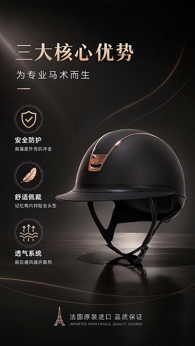 [第2张] 核心卖点总览页-法国进口专业马术头盔三大卖点展示。本张使用【图2】作为商品主体。
[氛围/风格] 高端专业产品展示风，黑金质感，商业摄影质感。
[元素布局] 头盔45°斜侧视角置于画面中央偏右，占比约50%；左侧为三大卖点图标+文字区；背景为深灰色渐变，底部有微弱反光台面；头盔结构、颜色、玫瑰金饰条与输入图完全一致；周围点缀微弱光点和线条装饰。
[光影质感] 左上方主光照明，头盔右侧有柔和补光，玫瑰金饰条有清晰高光反射，底部有自然投影，整体立体感强。
[配色色系] 全局底色#1A1A1A深灰渐变；主色黑色头盔+玫瑰金#B76E79点缀；辅助色白色文字、浅灰装饰线。
[视角构图] 45°斜侧视角，产品居中偏右，阅读动线左侧卖点→右侧产品→底部说明。
[文字版式] 版式为左文右图。主标题「三大核心优势」，副标题「为专业马术而生」；下方三个卖点模块，每个配图标：「安全防护 高强度外壳抗冲击」「舒适佩戴 记忆棉内衬贴合头型」「透气系统 前后通风循环散热」；底部小字「法国原装进口 品质保证」；文字不遮挡头盔主体。
[比例分辨率] 9:16竖版比例，4K分辨率，文字清晰可辨，高清画质。
[负向提示词] 头盔变形，缺件错件，颜色偏差，玫瑰金饰条缺失，水印，文字错乱，产品图模糊，背景杂乱。