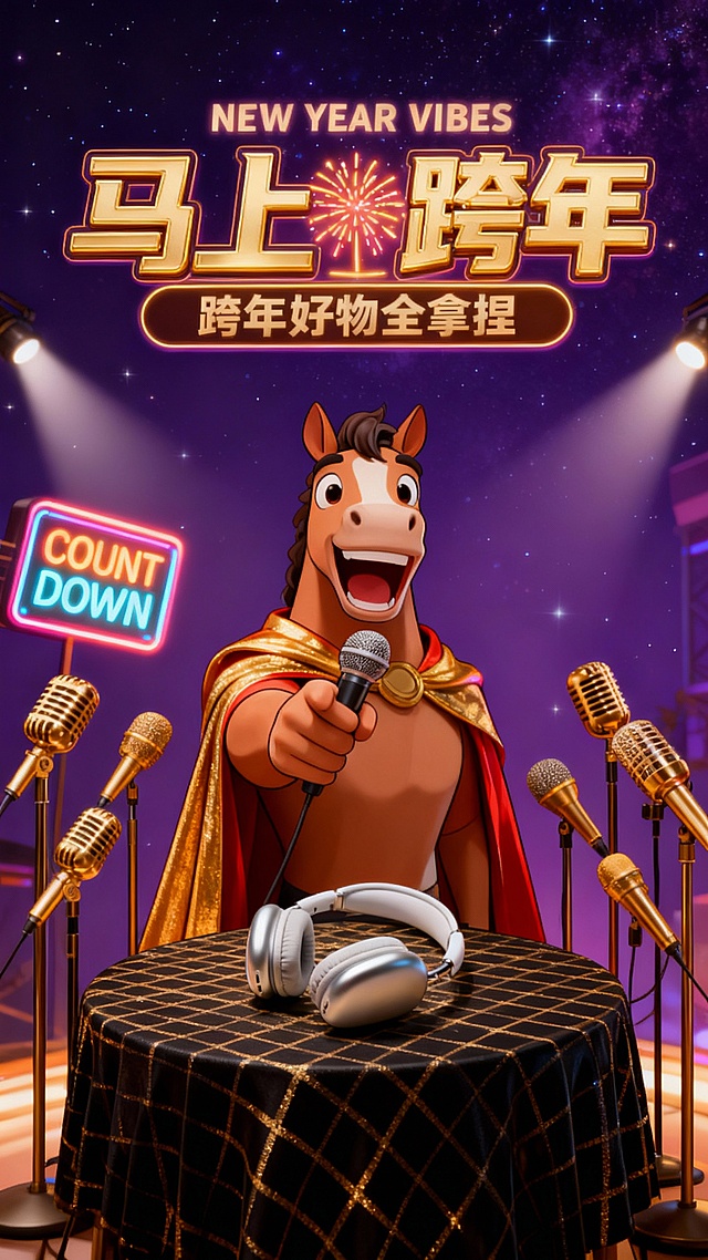 夸张卡通拟人马（粗线条、咧嘴大笑，单手持话筒指向镜头），身披金红跨年披风。下方铺黑金格纹桌布的圆桌摆着图示产品，桌前立着多支鎏金麦克风，点缀带 “COUNT DOWN” 标识的霓虹立牌。深紫星空背景，顶部英文 “NEW YEAR VIBES”，中间大标题 “马上跨年”（鎏金立体字体 + 内嵌烟花图标），下方副标 “跨年好物全拿捏”