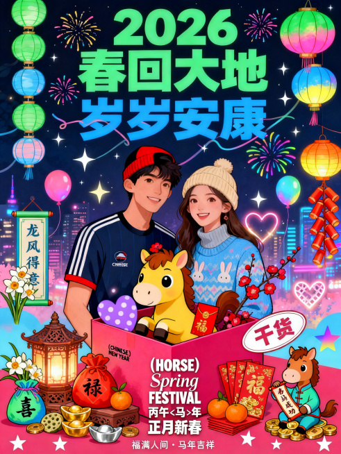 一幅主题为 2026 年马年新春的手绘风格祝福海报（手抄报），整体色彩鲜活、充满童趣与传统年味：核心主题与年份标识画面最上方以大号草绿字体标注「2026」，下方搭配加粗的「春回大地」，直接点明时间背景预览效果