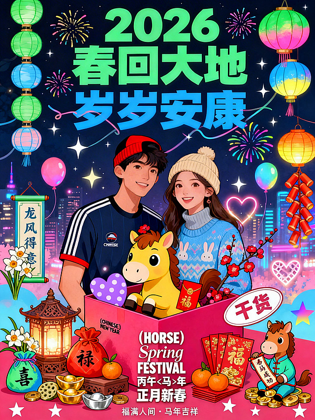 插画风融合国潮与拟人元素，霓虹灯与粒子效果营造梦幻喜庆氛围，卡通人物与生肖马互动，传递2026新春祝福。