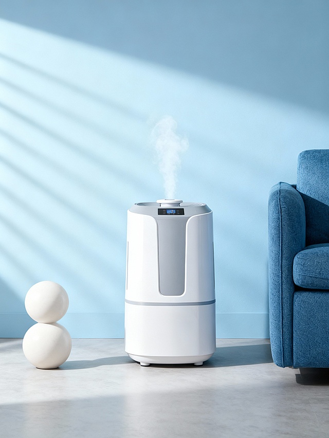 极简主义 ， 高级感，明亮光，暖色调光源，主体自然融图，极简治愈风居家产品摄影，整体色调为浅蓝墙面、暖蓝色家具与浅白主体交织的柔和清新调；采用平视中景视角，主体（占画面比例60%）呈直立姿态、正面朝向镜头，位于画面右侧区域的浅灰地面上；场景为简约客厅：左侧设暖蓝色布艺沙发（露出局部），主体左侧摆放浅白色上下双球形装饰摆件，背景墙投射百叶窗式的斜向光影条纹；光线为侧窗透入的柔和自然光，突出主体的流线型质感与空间的通透氛围，光影条纹强化了场景的静谧治愈感；主体与简约软装自然融合，营造出舒适松弛的居家使用场景，商业级高清渲染，细节（纹理、光泽）细腻，色彩过渡柔和，契合现代极简家居的产品定位