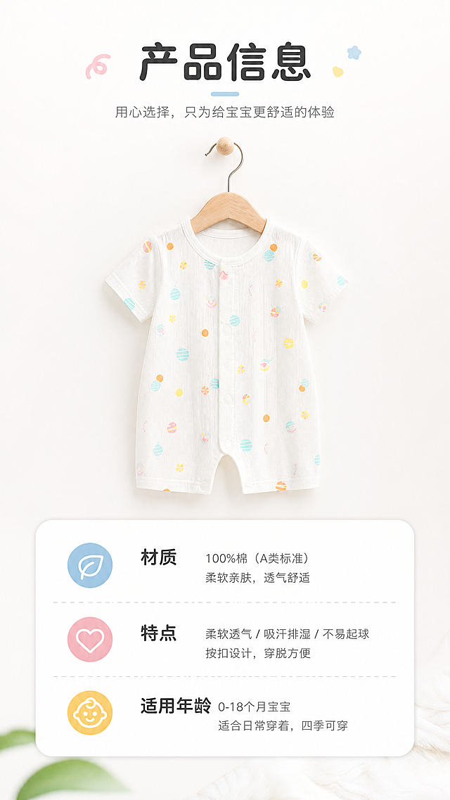 使用商品详情页技能根据商品图「图片1」「图片1」生成详情页，参考图为「图片1」「图片1」，商品名称为婴儿连体衣，卖点为双层透气纱布、全身可爱糖果手绘印花、前开按扣、开裆设计、圆领包边工艺、亲肤透气、夏日防闷汗，适配平台为淘宝/天猫，图片比例为9:16，需求屏数为8张，整体设计风格：清新日系简约风，浅白干净底色，马卡龙糖果配色，柔光写实母婴拍摄，竖版9:16电商详情页<br/><br/>第一屏：产品主视觉首屏<br/><br/>•主文案："宝宝需要纯棉的夏天"<br/>•副文案："双层纱布透气排汗，出汗不黏身，自在过盛夏"<br/>•文案设计与排版：主文案居中放大，字体粗黑；副文案在主文案下方，字体圆润卡通纤细，颜色比主文案浅一度，整体居于页面上半部分<br/>•画面主体与构图：画面中心悬挂这件糖果印花短袖开裆哈衣，浅蓝色衣架悬挂展示，左下角迷你木质小黑板、右下角复古小摆件作为软装点缀，纯白柔光背景，服饰为绝对视觉中心，整体干净治愈<br/>•画质与细节：高清8K分辨率，纱布面料纹理清晰，色彩柔和马卡龙色调，无模糊噪点，光影均匀漫射，商业静物摄影质感<br/><br/>第二屏：上身体验卖点屏<br/><br/>•主文案："软糯亲肤 自在玩耍"<br/>•副文案："贴身不磨肌肤，宽松剪裁，宝宝活动不受拘束"<br/>•文案设计与排版：主文案页面上方居中加粗放大，深灰色字体；副文案位于主文案正下方，字号偏小浅灰色，文字集中在上区域<br/>•画面主体与构图：暖调居家环境，软乎乎白色毛绒地毯，萌娃穿着这款连体衣开怀微笑，近距离上半身抓拍，重点展示领口、衣身印花上身效果，人物居中构图<br/>•画质与细节：高清8K分辨率，面料贴肤质感真实，人物皮肤光影自然，整体色调温暖柔和，印花图案清晰完整，无畸变噪点<br/><br/>第三屏：圆领工艺细节屏<br/><br/>•主文案："精工圆领 不磨脖颈"<br/>•副文案："细密锁边包边工艺，圆润领口，告别红印勒痕"<br/>•文案设计与排版：主文案居中加粗，副文案排布在主文案下方，搭配简约工艺线条小图标，整体文字顶部排布<br/>•画面主体与构图：纯白色极简背景，特写哈衣圆领与前襟按扣区域，清晰展示锁边走线、树脂按扣与糖果印花细节，局部特写占据画面绝大部分区域<br/>•画质与细节：高清8K分辨率，缝纫走线纹路锐利清晰，纽扣质感通透，纱布纤维肌理可见，光影平铺均匀，专业服装工艺特写效果<br/><br/>第四屏：袖口做工细节屏<br/><br/>•主文案："工整袖口 耐穿不变形"<br/>•副文案："加固包边剪裁，宽松短袖口，抬手活动无束缚"<br/>•文案设计与排版：主文案页面上方居中粗体展示，副文案在下方居中排列，浅灰色纤细字体<br/>•画面主体与构图：纯白纯色背景，聚焦短袖袖口局部特写，完整呈现袖口锁边工艺、衣身糖果手绘印花，斜角度拍摄凸显布料层次感<br/>•画质与细节：高清8K分辨率，布料纹理、针线细节高度清晰，马卡龙印花色彩饱满，无阴影断层，高级服装细节拍摄画质<br/><br/>第五屏：核心功能总结屏<br/><br/>•主文案："专为低龄宝宝设计"<br/>•副文案："全开扣穿脱方便+开裆设计，换尿布省心省力"<br/>•文案设计与排版：主文案顶部居中加粗放大，副文案居中放置于主文案下方，左右分点标注两大核心功能，搭配简约标识<br/>•画面主体与构图：沿用第一屏悬挂成衣全景图，页面上下分区，上半部分文案，下半部分成衣整体展示，软装摆件保留，突出前襟纽扣与底部开裆结构<br/>•画质与细节：高清8K分辨率，整体光影统一，产品结构展示完整，色彩干净清爽，保留静物氛围感，方便用户看懂版型优势<br/><br/>第六屏：面料属性收尾屏<br/><br/>•主文案："双层纱布 透气不闷汗"<br/>•副文案："天然纱布结构，空气自由流通，告别夏日闷热红疹"<br/>•文案设计与排版：主文案居中加粗，副文案下方居中排布，搭配面料透气示意图标，文字集中在上半区<br/>•画面主体与构图：将第三、第四张细节图拼接排版，分别展示领口、袖口面料纹理，背景为浅灰白色，上下两张局部特写均等排布<br/>•画质与细节：高清8K分辨率，纱布镂空纹理清晰可见，印花色彩统一，光影柔和，整体规整整洁，强化材质卖点说服力 未选择任何文件