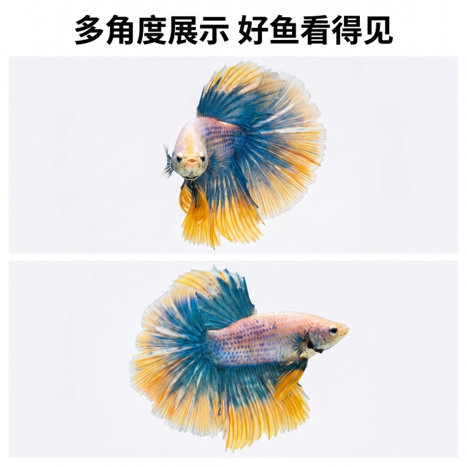 [主图 4] 泰国半月斗鱼双角度展示拼图
[氛围风格] 真实展示，清晰直观，统一干净
[画质] 高清商业摄影，两张图片画质一致清晰通透
[元素] 分上下两格拼图，上图展示斗鱼正面，下图展示斗鱼侧面，两预览效果