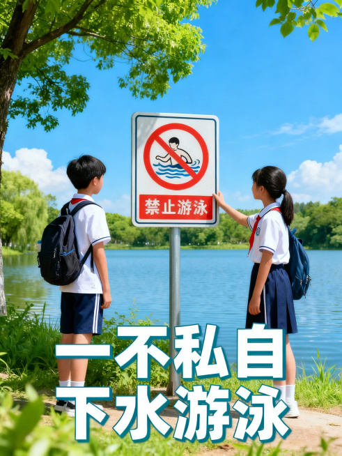 校园防溺水宣传海报，风格清新醒目，适合校园宣传栏展示，画面下方加统一字体字号的提示文字：“一不私自下水游泳”，文字不遮挡画面主体预览效果