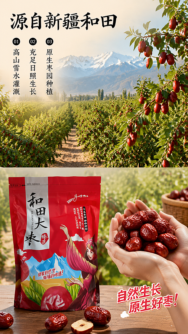 「图片1」，生成一套详情页，商品名称为和田大枣，适配抖音/快手平台，单图比例为9:16，需求屏数为8张。