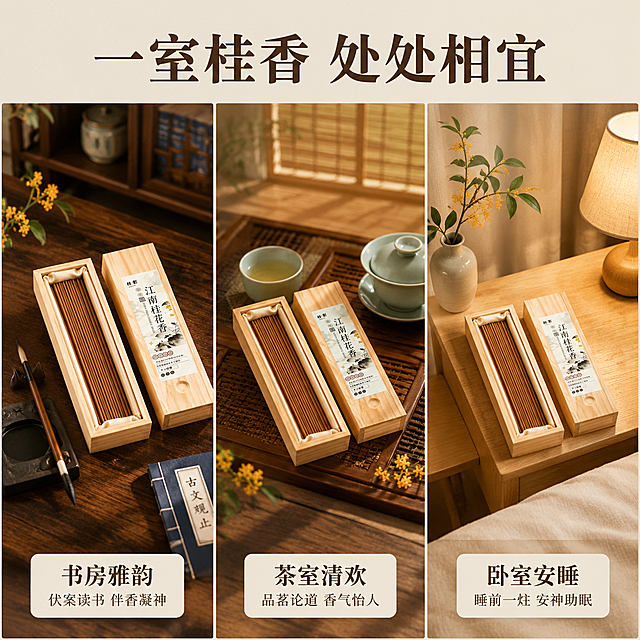 [主图-3] 风格搭配与陈列关系-线香多场景适配展示。
[氛围风格] 新中式雅致风格，温馨居家生活感，多场景陈列展示；
[画质] 商业摄影质感、光线柔和通透、产品清晰真实、画面干净高级。
[元素] 画面采用三宫格横向拼接布局，分别展示木盒线香在三个不同中式空间中的摆放效果。左格：书房场景，深胡桃木书桌上摆放线香礼盒，旁有毛笔砚台与线装书，背景为中式博古架；中格：茶室场景，原木茶桌上线香礼盒与青瓷茶盏并置，背景为竹帘；右格：卧室场景，浅色床头柜上摆放线香礼盒，旁有陶瓷花瓶插着桂花枝，背景为棉麻窗帘。每格中产品均为视觉焦点，大小适中。**保持木盒线香产品外观（即物理结构、材质质感、颜色）与输入产品图保持绝对一致，杜绝任何变形和色差，精细化处理**。每格商品主体占比约50%；画面满屏无边框。
[光影] 三格均采用柔和暖调自然光，左格书房侧窗光、中格茶室顶光、右格卧室床头灯暖光；整体光影调性统一为暖金色，木质表面温润光泽，环境氛围温馨。
[配色] 主色胡桃棕+米白（统一木色调）；辅色竹青+茶褐（茶室元素）；强调色金黄（桂花点缀贯穿三格）。
[视角构图] 三宫格等宽横向拼接，每格均为45°微俯视角，构图均衡；格与格之间有极细浅色分隔线。
[文字版式] 顶部通栏主文案「一室桂香 处处相宜」，深棕色大号粗体宋体居中。每格底部居中配场景名称标签：左格「书房雅韵」「伏案读书 伴香凝神」中格「茶室清欢」「品茗论道 香气怡人」右格「卧室安睡」「睡前一炷 安神助眠」；标签为米白底深棕字圆角矩形，内文字号上大下小，宋体。
[输出要求] 1:1比例，文字清晰锐利，画面超高清商业摄影质感；
[负向提示词] 变形，文字错乱，产品图模糊，背景杂乱，水印，电商平台Logo。