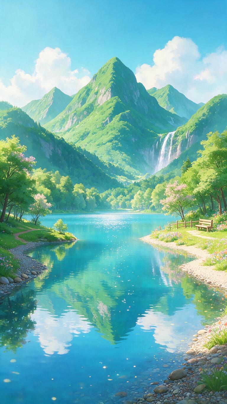 一幅精美的风景插画，展现宁静的山间湖泊景色，远处有连绵的青山和… - 图片创意预览