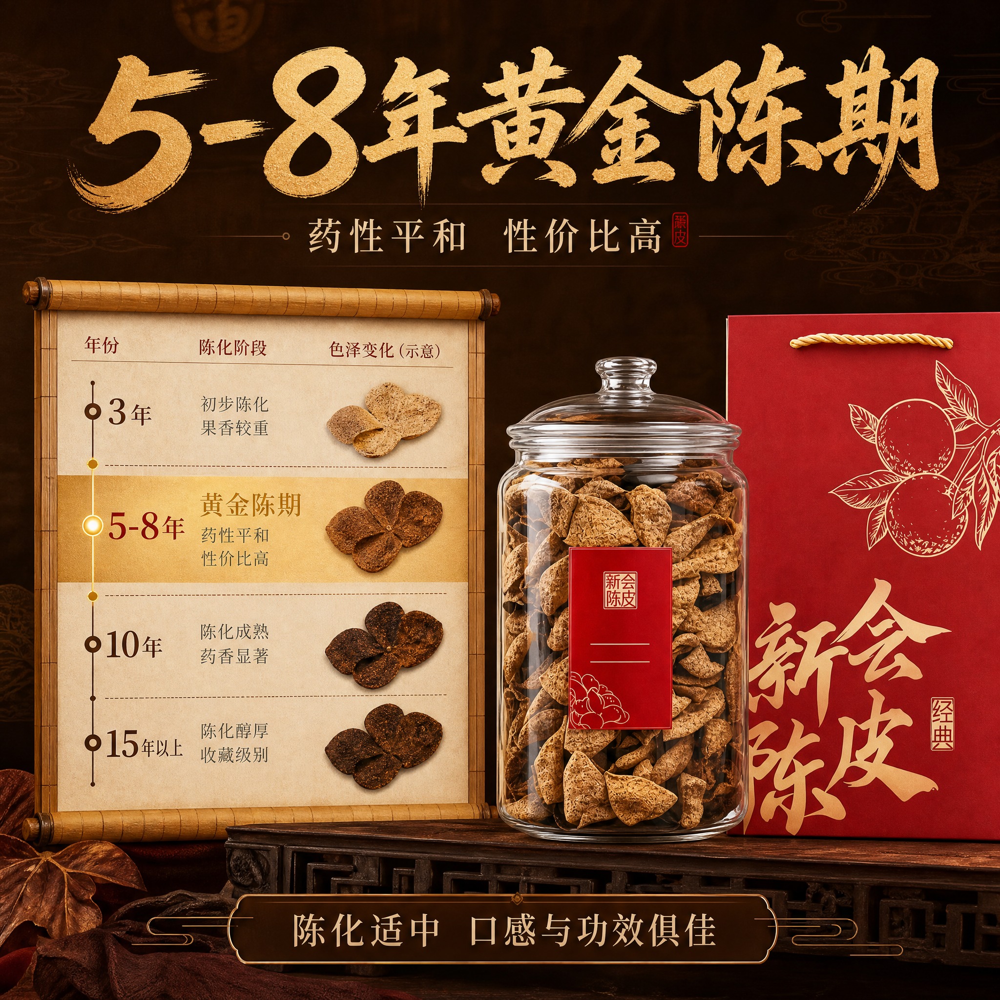[主图-5] 新会陈皮年份陈期信息图，核心任务是展示5-8年黄… - 图片创意预览
