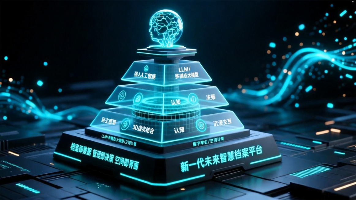 修复图中所有文字错误，修改为正确文字：强人工智能，LLM/多模态大模型，认知，决策，自主感知，3D虚实结合，认知识策，沉浸交互，LLM/多模态大模型/空间计算，档案即数据 管理即决策 空间即界面，新一预览效果