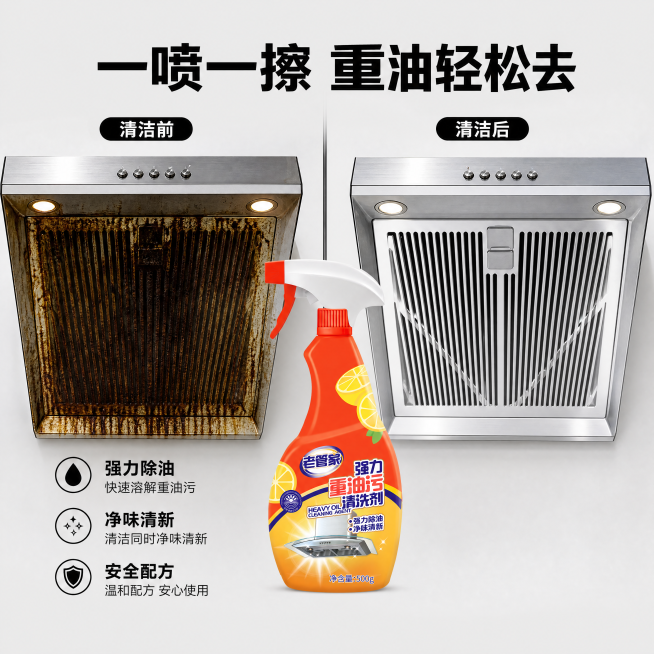 [主图-2] 老管家强力重油污清洁剂清洁效果对比图。[氛围风格] 直观对比，真实可信，突出清洁力。[画质] 商业摄影质感，光线均匀，对比清晰，产品真实清晰。[元素] 保持老管家强力重油污清洁剂外观和原预览效果