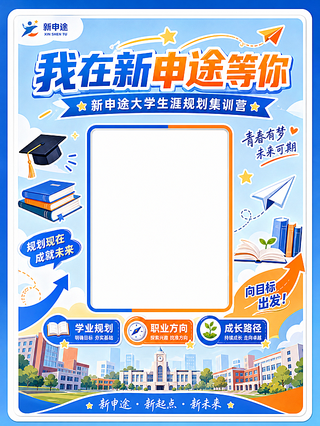 一个竖版的中空拍照打卡板（KT板样式），画面正中央有一个大的长方形镂空区域（竖直长方形，占画面中部约40%宽度和50%高度），供人站在后面拍照露出，镂空区域是透明空白的长方形孔洞。打卡板主题为大学生涯规划集训营，青春活力校园风格。顶部大标题文字"我在新申途等你"，字体粗体醒目，蓝橙渐变配色。副标题文字"新申途大学生涯规划集训营"在主标题下方。背景采用蓝白橙活力配色，长方形镂空的左右两侧装饰有书本、毕业帽、箭头、星星、纸飞机等校园成长元素。长方形镂空下方有三个亮点标签："学业规划"、"职业方向"、"成长路径"，每个标签配小图标。画面中没有二维码。整体版式精美，色彩明快，适合大学生活动现场拍照打卡，四周有白色边框。画面中所有信息区域必须填充完整合理的内容，不得出现空白框或待填写区域。