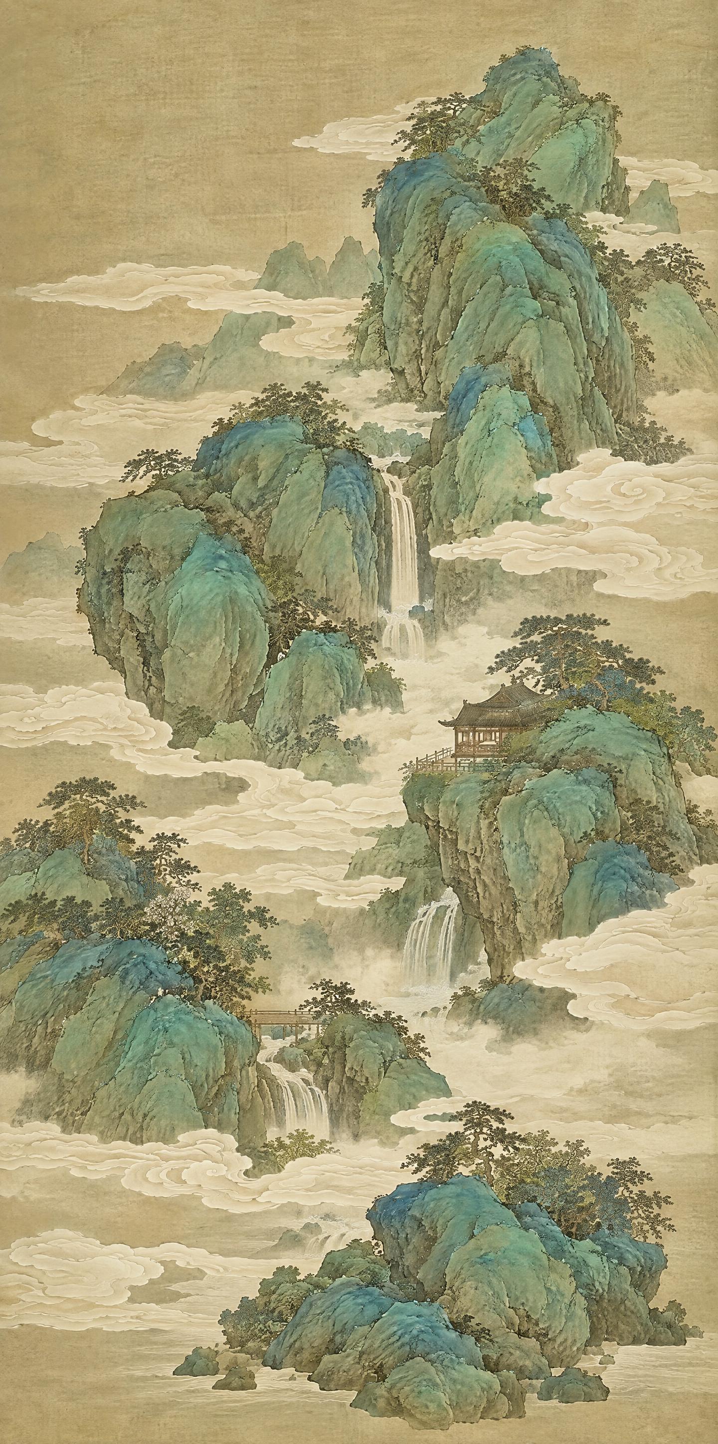 参考原图的传统中国青绿山水画风格（矿物石青石绿重彩设色、古绢本… - 图片创意预览