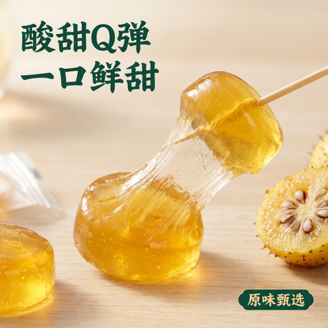 [主图 3] 产品细节展示图，突出酸甜Q弹质地特点。
[氛围风格] 实景微距特写，食欲满满，清新自然。
[画质] 超高清商业微距摄影，产品纹理细节清晰锐利，画面干净高级。
[元素] 单颗拆开包装的刺梨预览效果